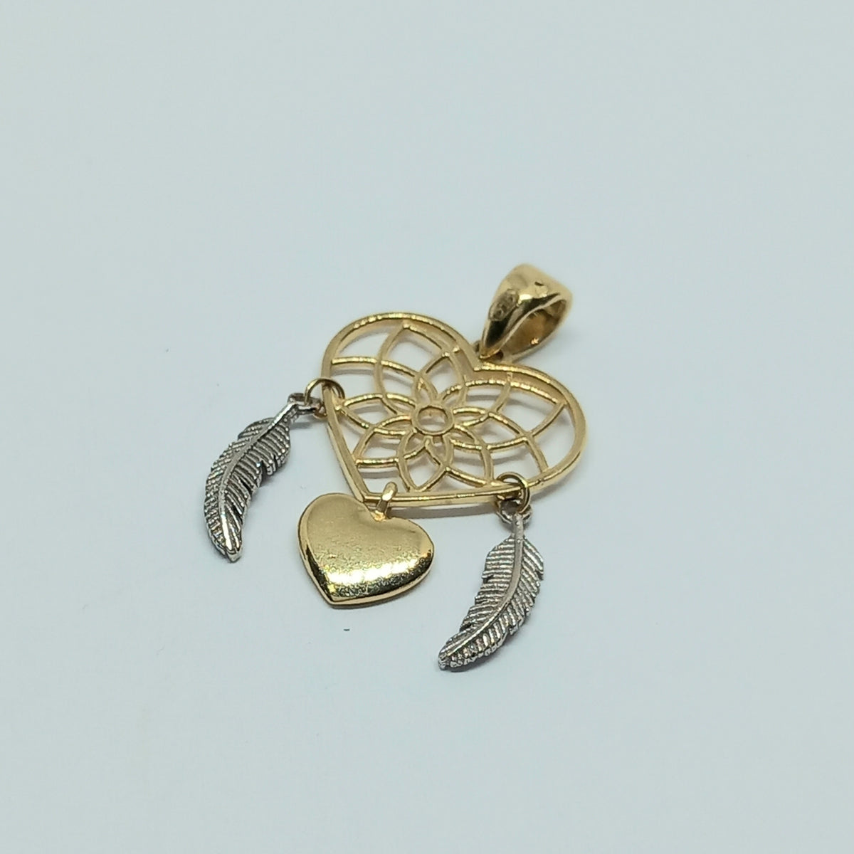 Přívěšek ze žlutého a bílého zlata 14k . Lapač snů . Srdce . 1,31g . stav A1